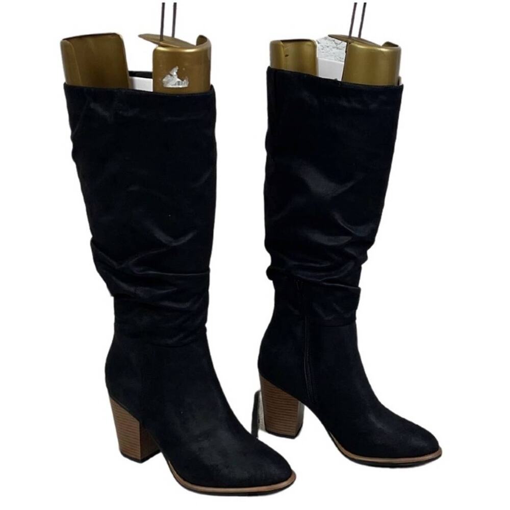 White Mountain Black Slouch Pull On Tall Heel Boot Faux Suede Pull On 8.5 New
